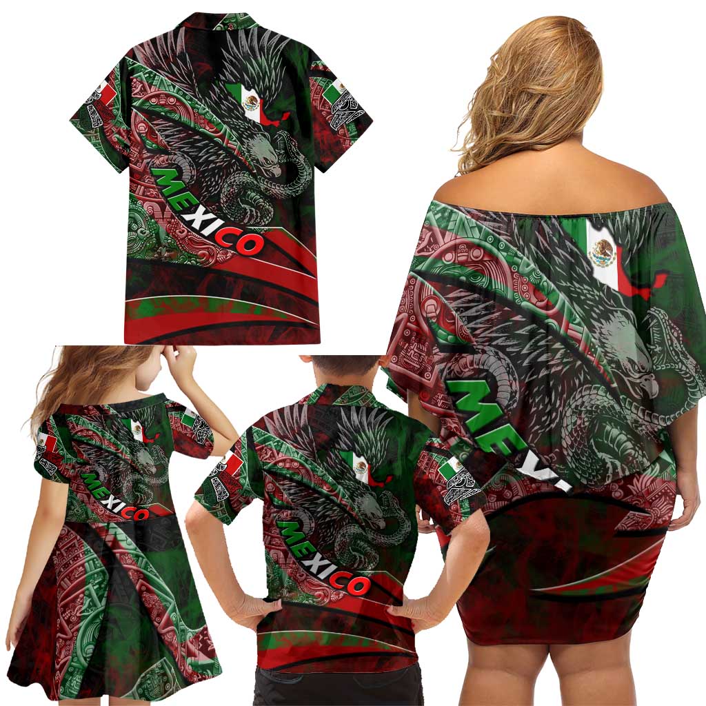 Mexico Aztec Eagle Flag Family Matching Off Shoulder Short Dress and Hawaiian Shirt Tribal Warrior Art