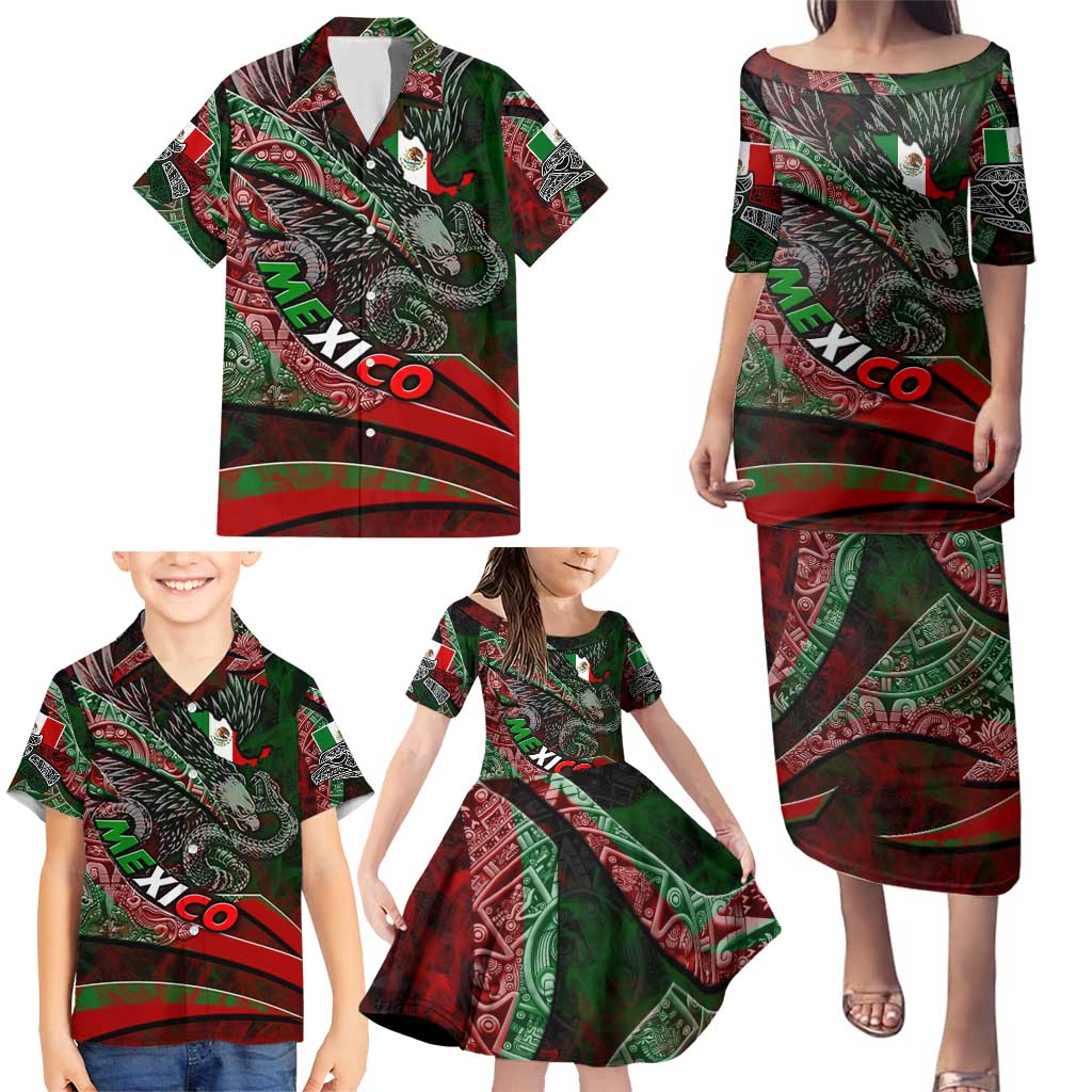 Mexico Aztec Eagle Flag Family Matching Puletasi and Hawaiian Shirt Tribal Warrior Art