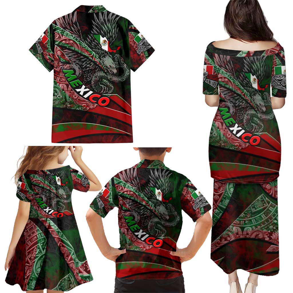 Mexico Aztec Eagle Flag Family Matching Puletasi and Hawaiian Shirt Tribal Warrior Art