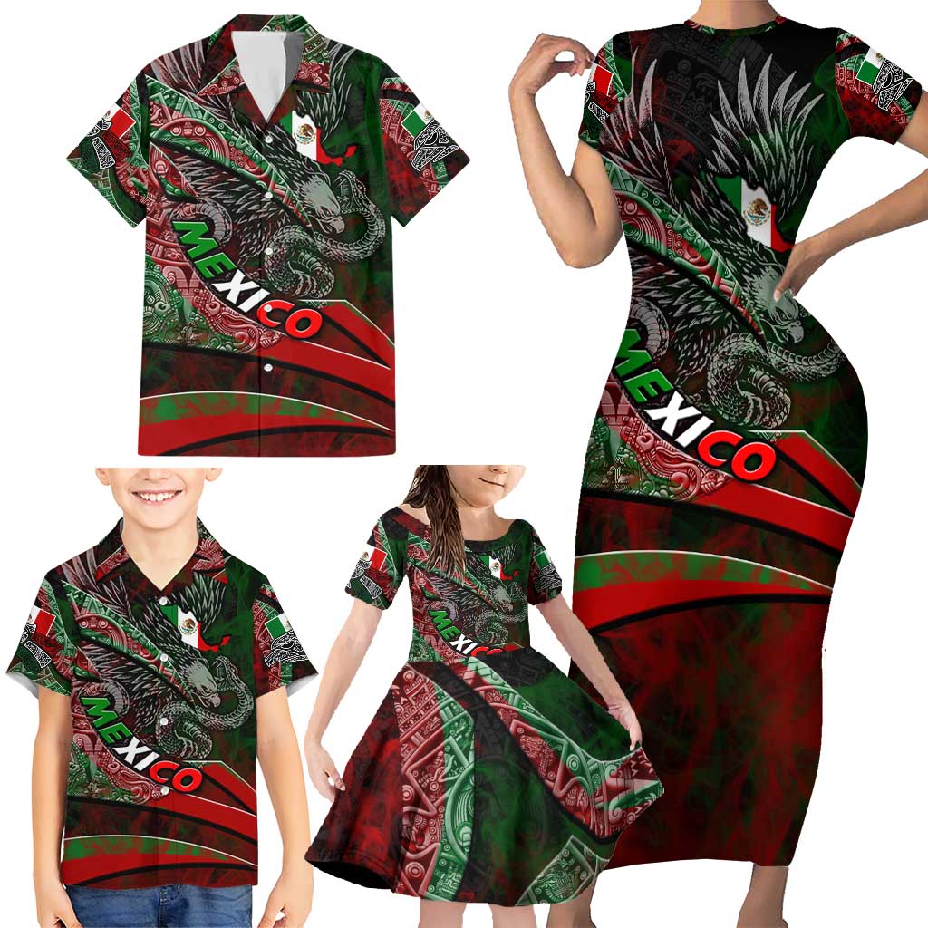 Mexico Aztec Eagle Flag Family Matching Short Sleeve Bodycon Dress and Hawaiian Shirt Tribal Warrior Art