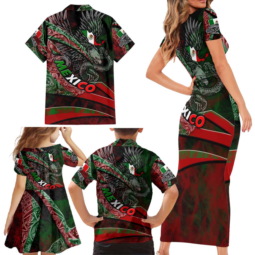 Mexico Aztec Eagle Flag Family Matching Short Sleeve Bodycon Dress and Hawaiian Shirt Tribal Warrior Art