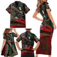 Mexico Aztec Eagle Flag Family Matching Short Sleeve Bodycon Dress and Hawaiian Shirt Tribal Warrior Art