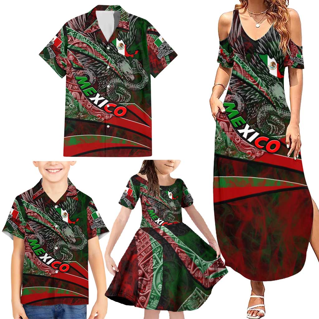 Mexico Aztec Eagle Flag Family Matching Summer Maxi Dress and Hawaiian Shirt Tribal Warrior Art