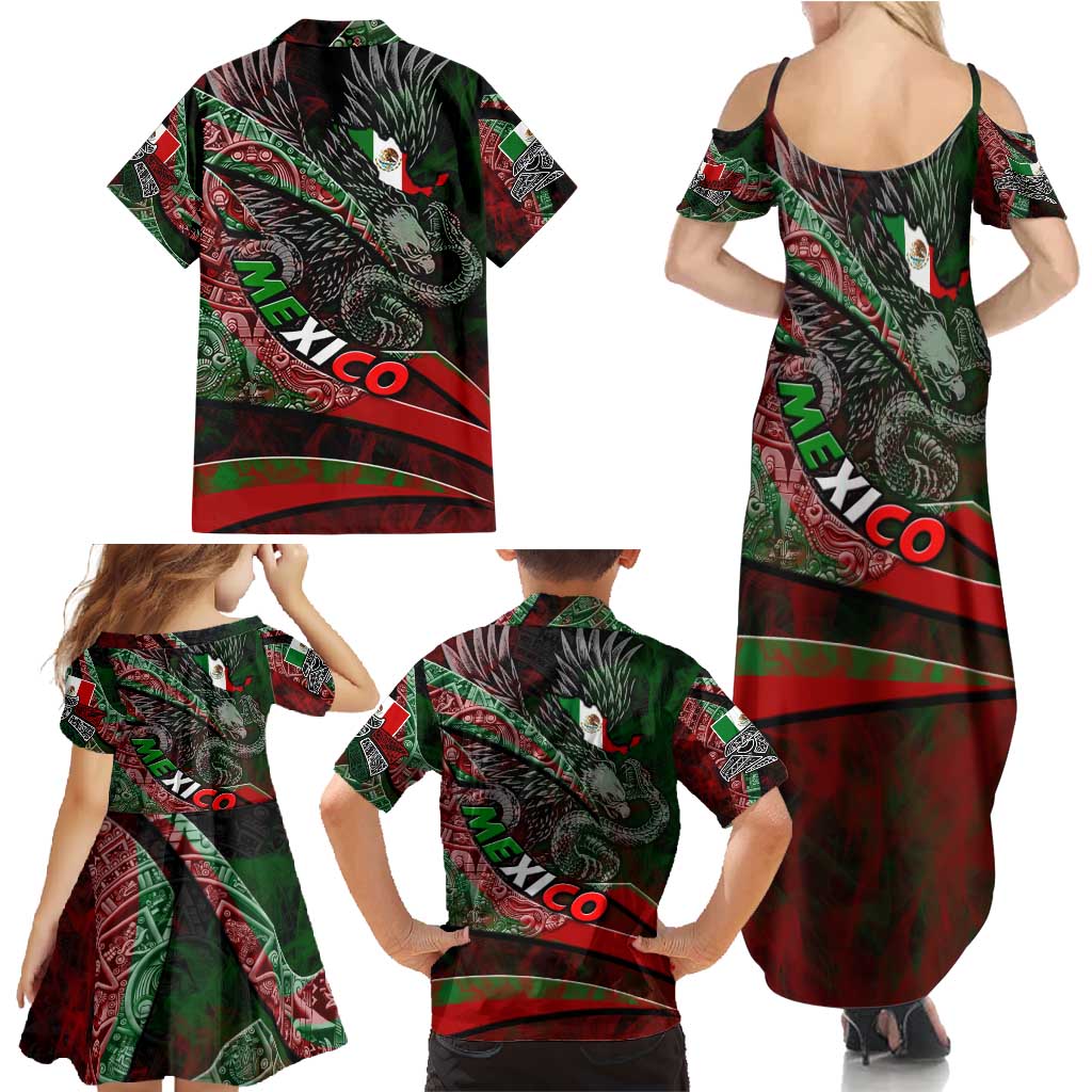Mexico Aztec Eagle Flag Family Matching Summer Maxi Dress and Hawaiian Shirt Tribal Warrior Art