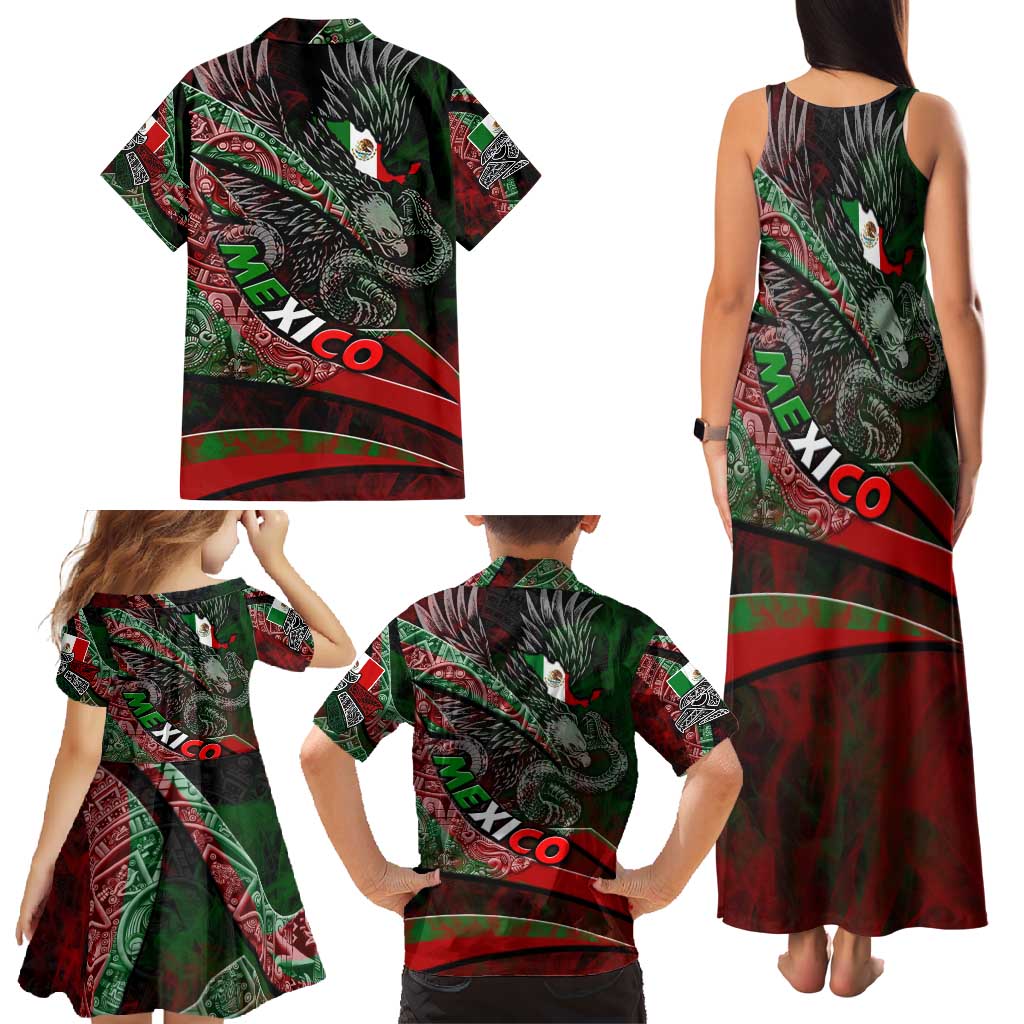 Mexico Aztec Eagle Flag Family Matching Tank Maxi Dress and Hawaiian Shirt Tribal Warrior Art