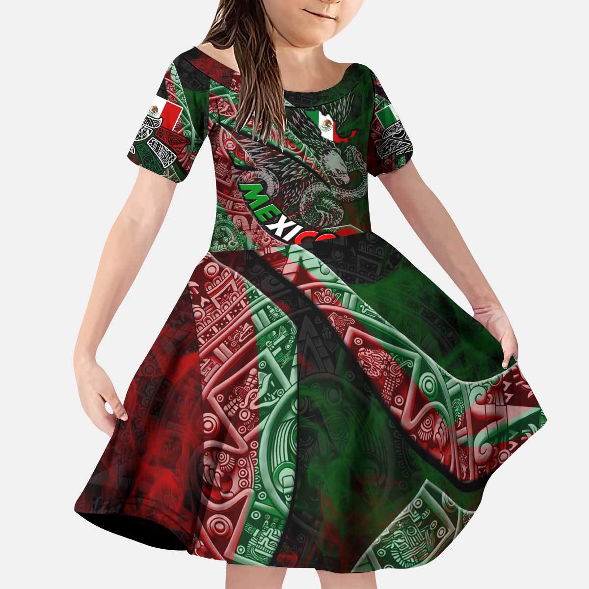 Mexico Aztec Eagle Flag Kid Short Sleeve Dress Tribal Warrior Art
