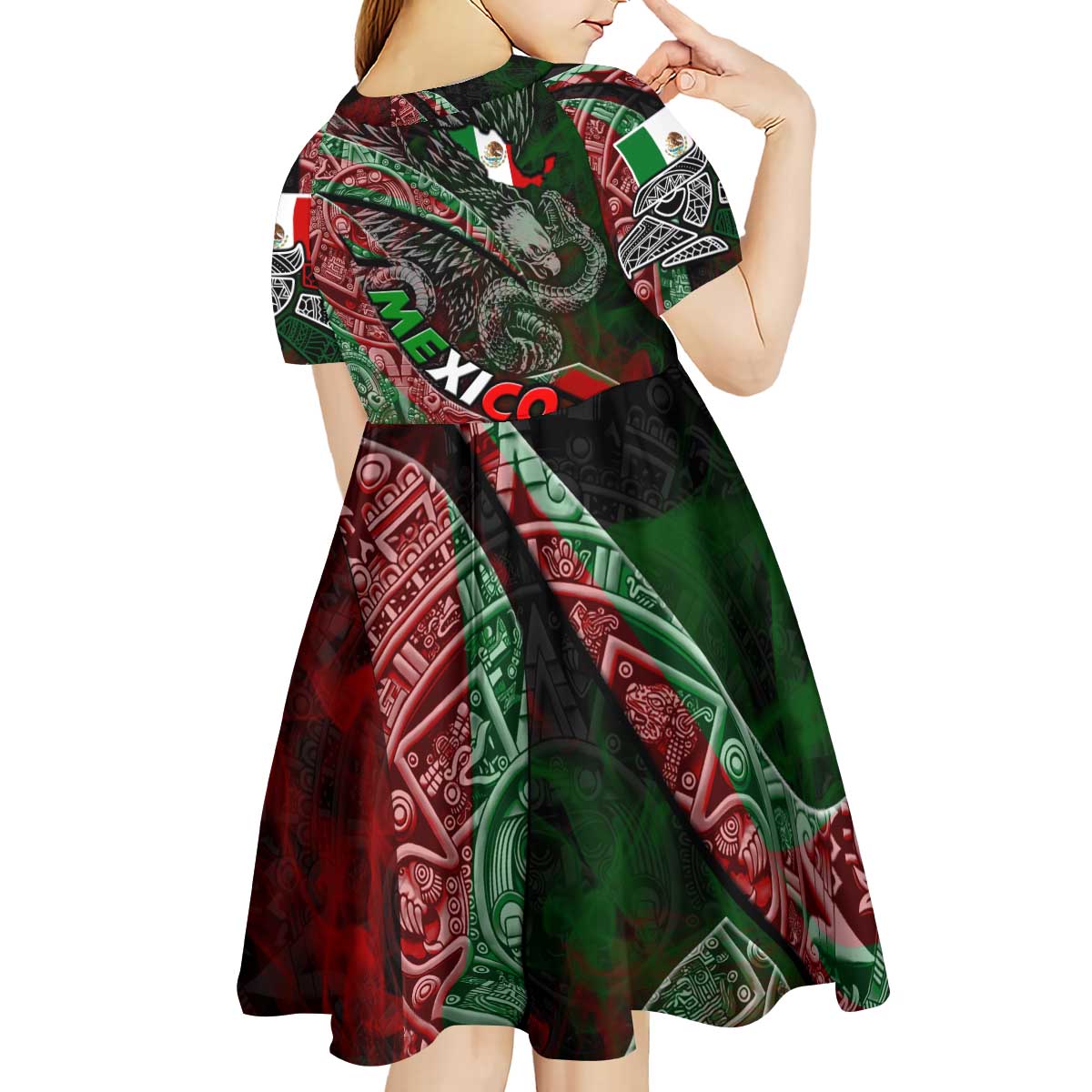 Mexico Aztec Eagle Flag Kid Short Sleeve Dress Tribal Warrior Art