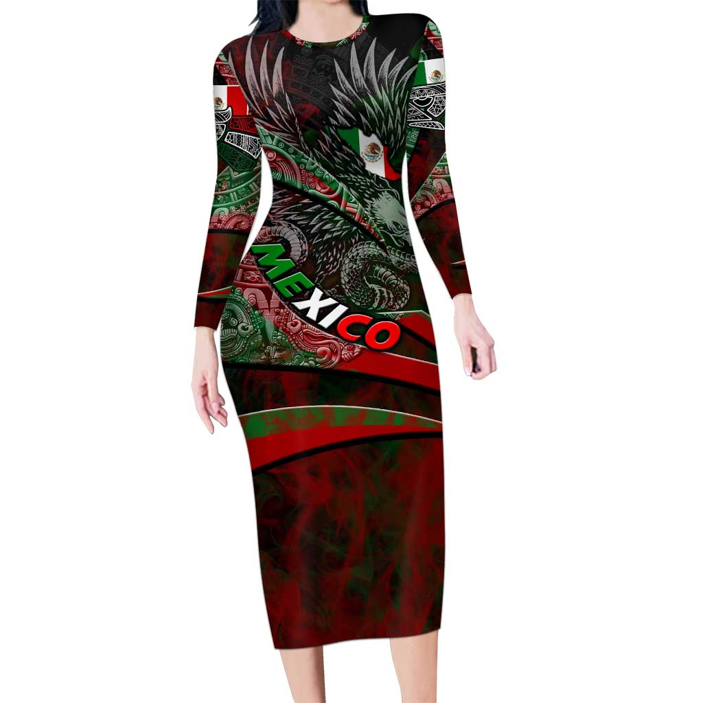 Mexico Aztec Eagle Flag Long Sleeve Bodycon Dress Tribal Warrior Art