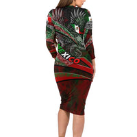 Mexico Aztec Eagle Flag Long Sleeve Bodycon Dress Tribal Warrior Art