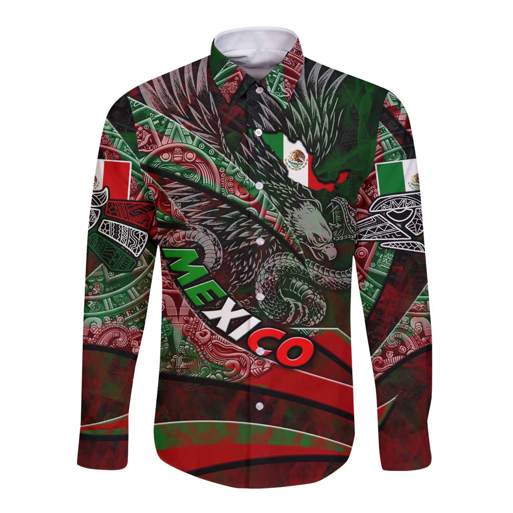 Mexico Aztec Eagle Flag Long Sleeve Button Shirt Tribal Warrior Art