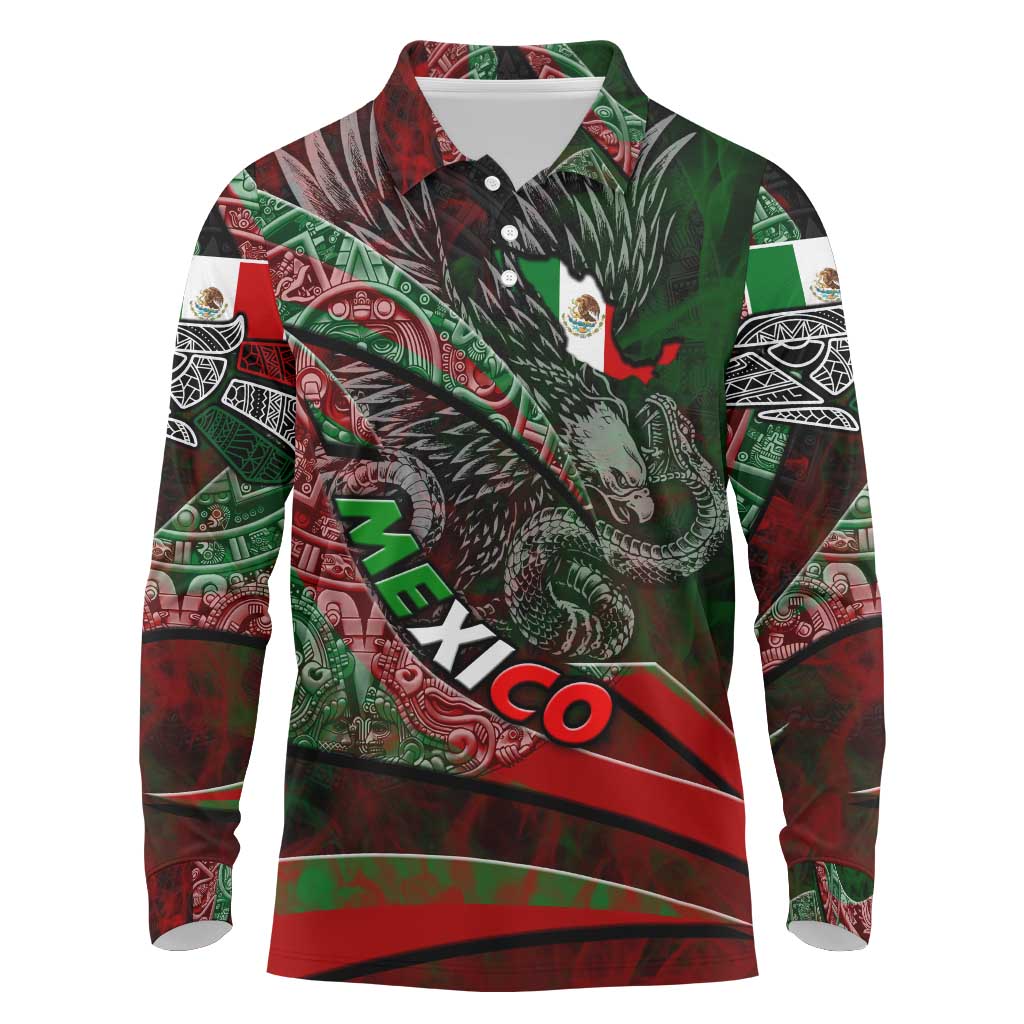 Mexico Aztec Eagle Flag Long Sleeve Polo Shirt Tribal Warrior Art