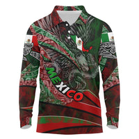 Mexico Aztec Eagle Flag Long Sleeve Polo Shirt Tribal Warrior Art