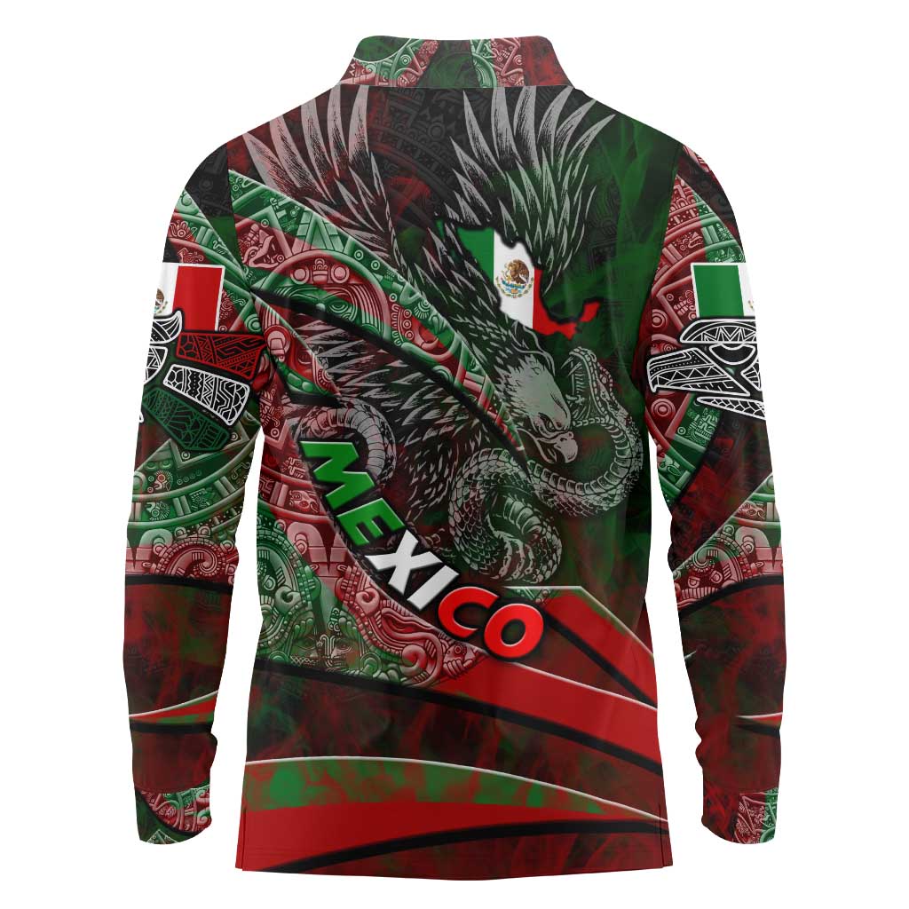 Mexico Aztec Eagle Flag Long Sleeve Polo Shirt Tribal Warrior Art