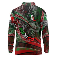 Mexico Aztec Eagle Flag Long Sleeve Polo Shirt Tribal Warrior Art