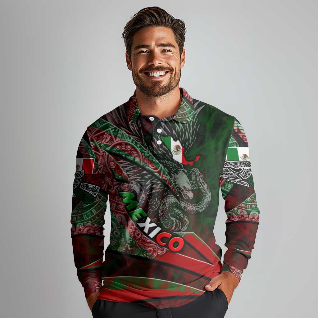 Mexico Aztec Eagle Flag Long Sleeve Polo Shirt Tribal Warrior Art
