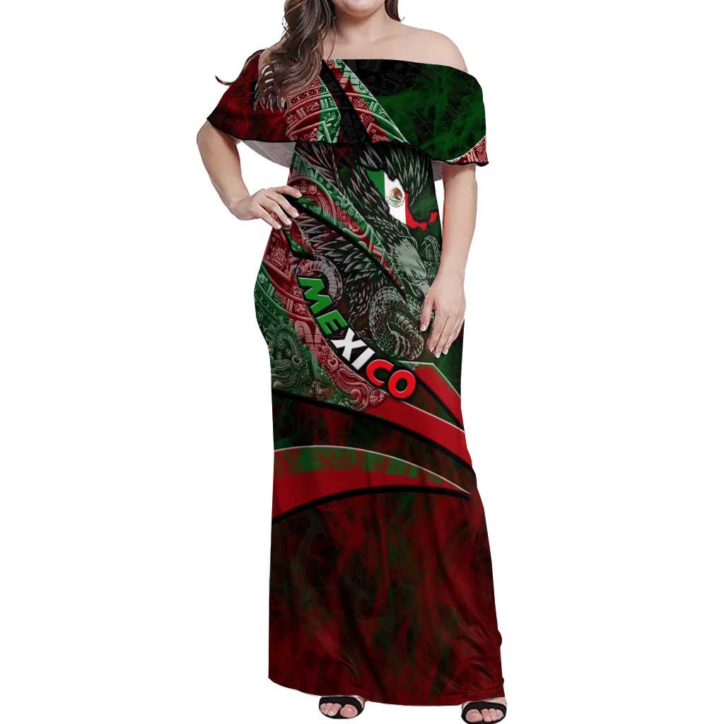 Mexico Aztec Eagle Flag Off Shoulder Maxi Dress Tribal Warrior Art
