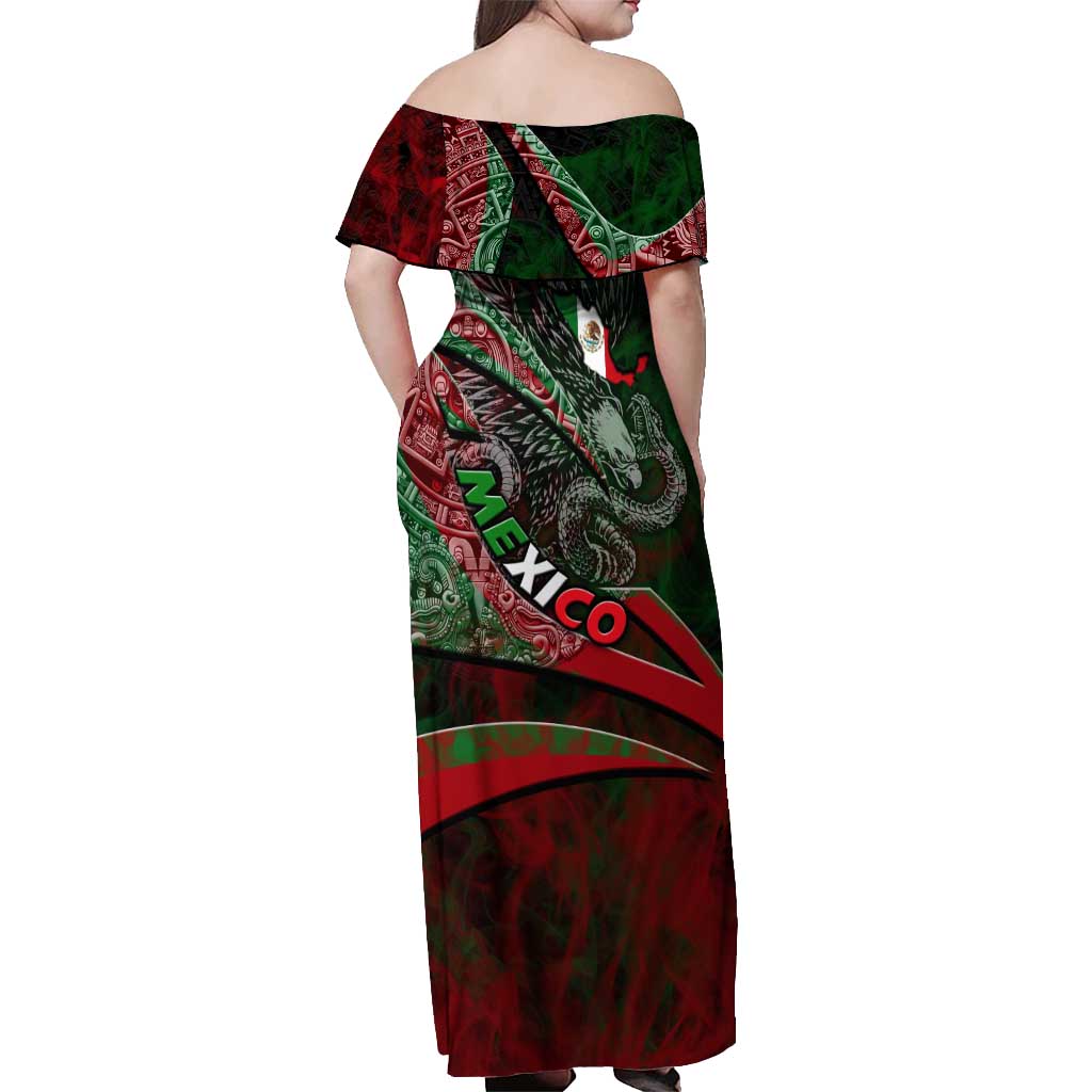 Mexico Aztec Eagle Flag Off Shoulder Maxi Dress Tribal Warrior Art