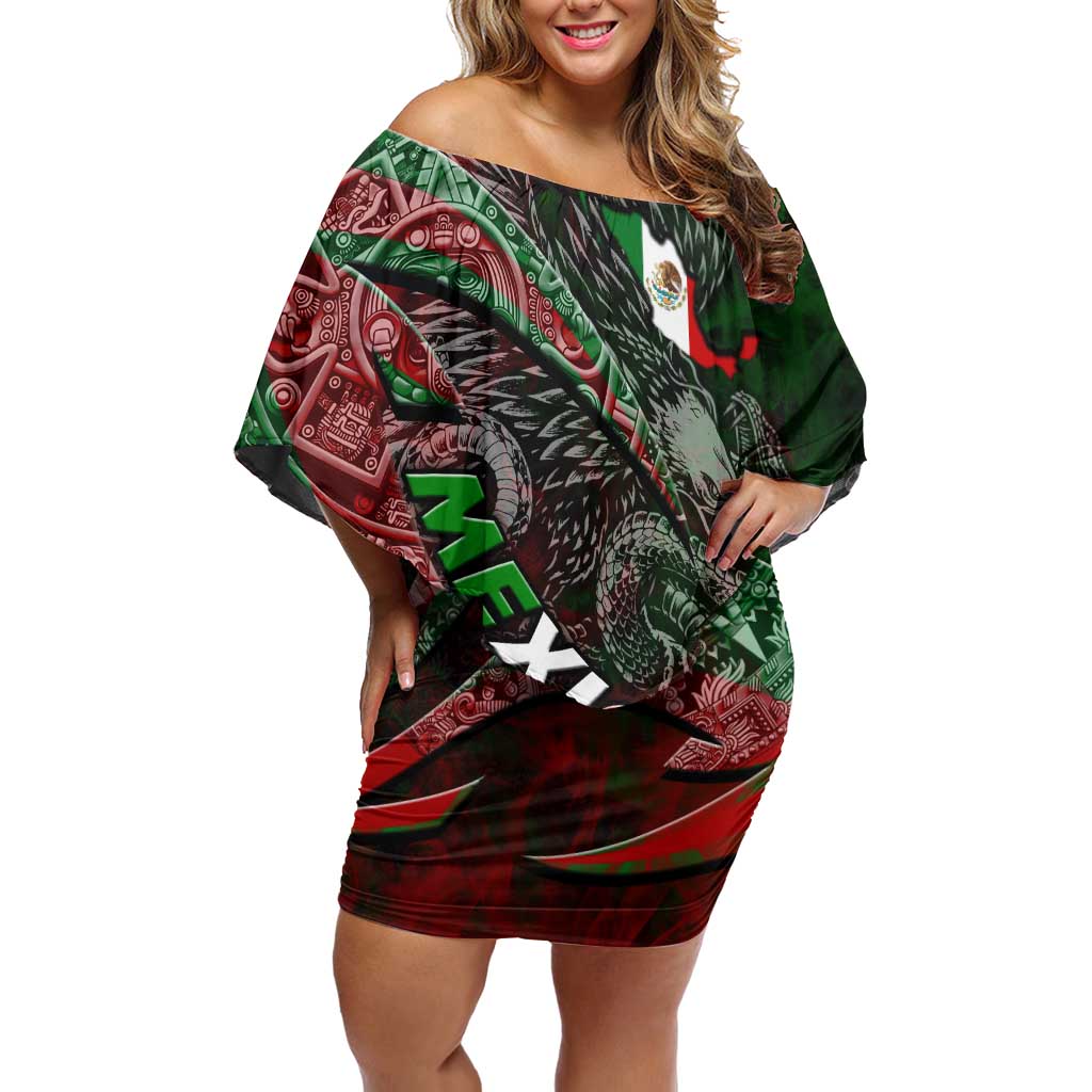 Mexico Aztec Eagle Flag Off Shoulder Short Dress Tribal Warrior Art