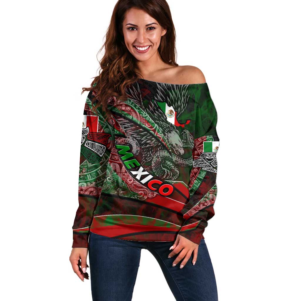 Mexico Aztec Eagle Flag Off Shoulder Sweater Tribal Warrior Art