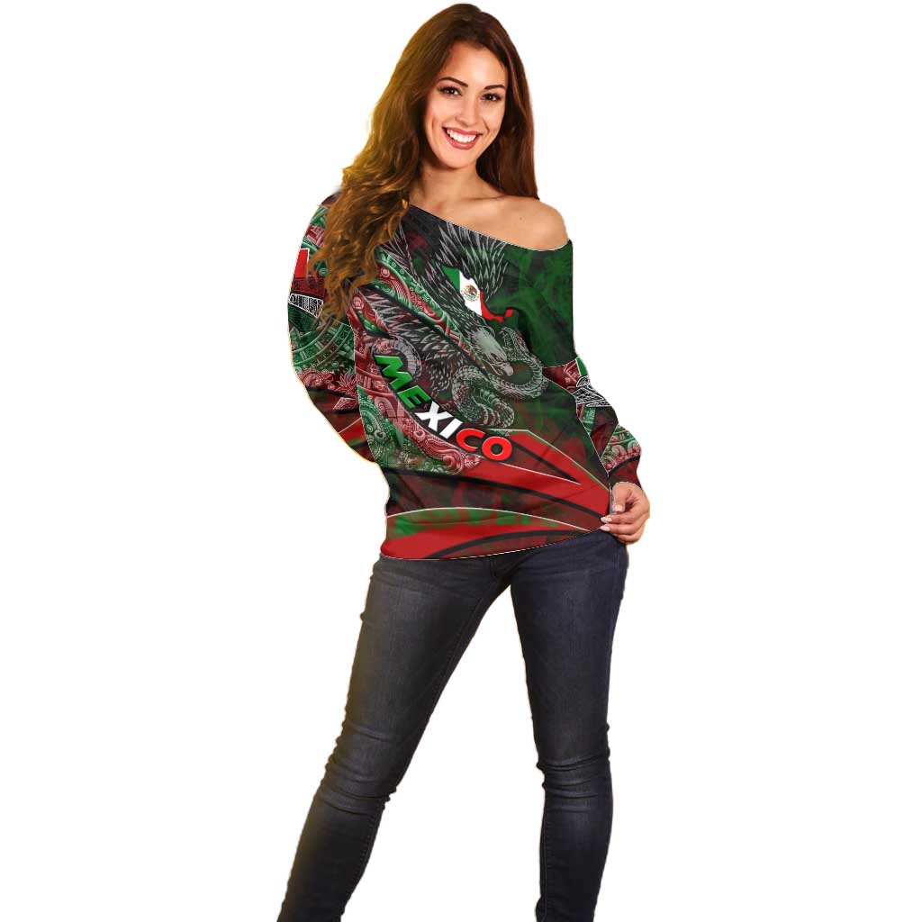 Mexico Aztec Eagle Flag Off Shoulder Sweater Tribal Warrior Art