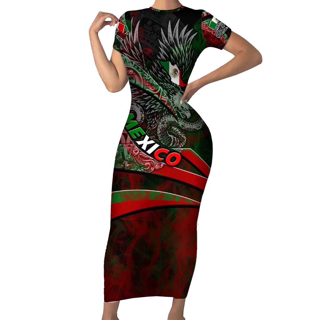 Mexico Aztec Eagle Flag Short Sleeve Bodycon Dress Tribal Warrior Art