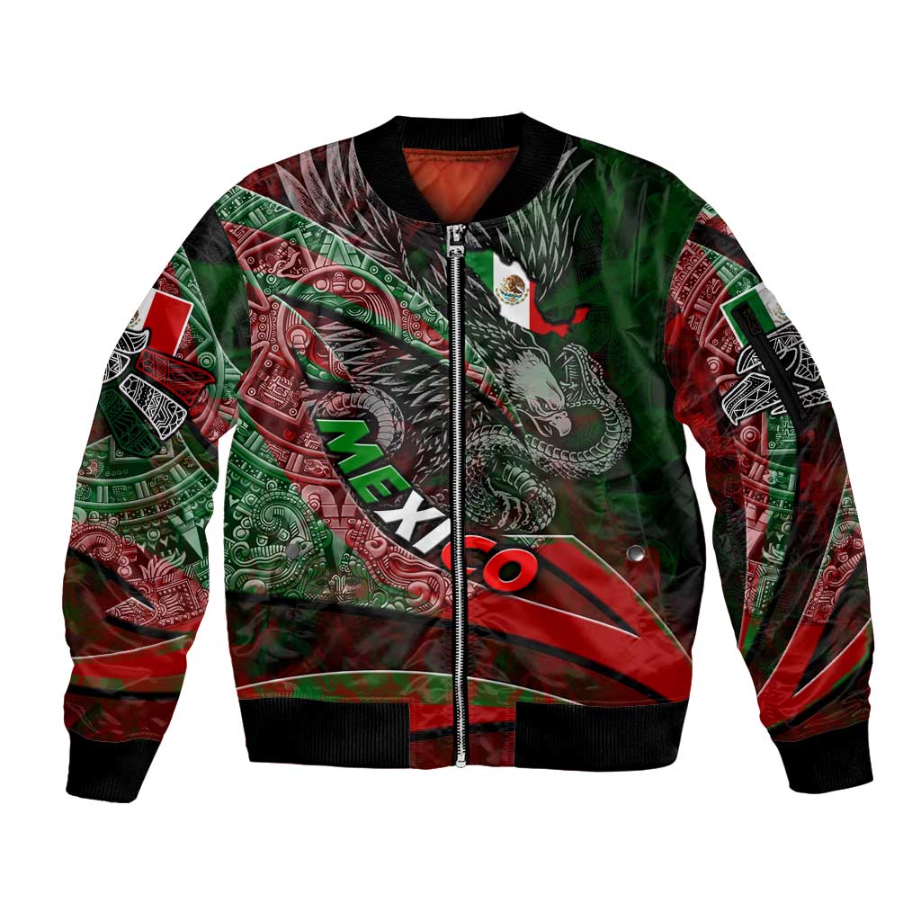Mexico Aztec Eagle Flag Sleeve Zip Bomber Jacket Tribal Warrior Art