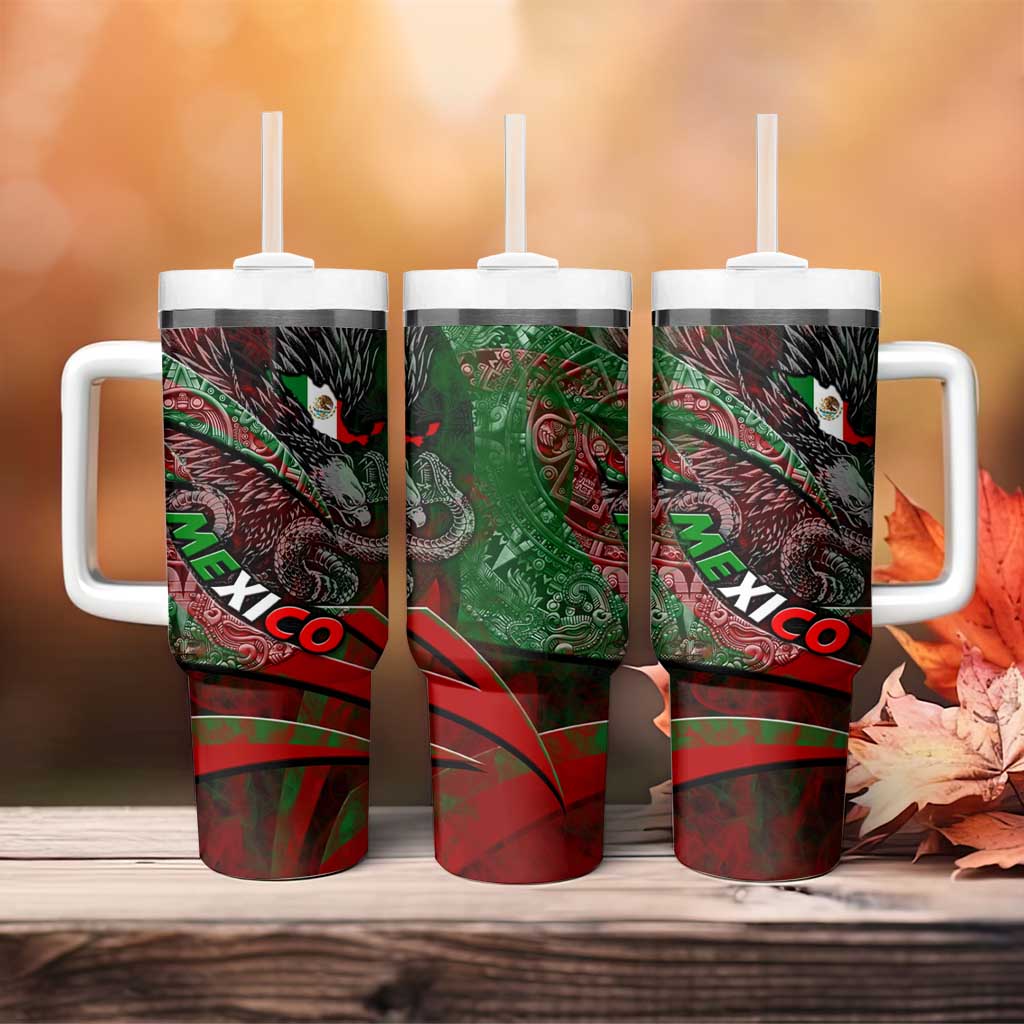 Mexico Aztec Eagle Flag Tumbler With Handle Tribal Warrior Art