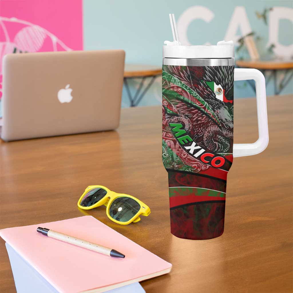 Mexico Aztec Eagle Flag Tumbler With Handle Tribal Warrior Art