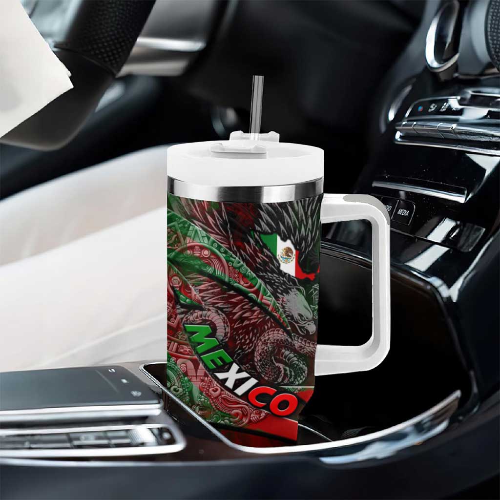 Mexico Aztec Eagle Flag Tumbler With Handle Tribal Warrior Art