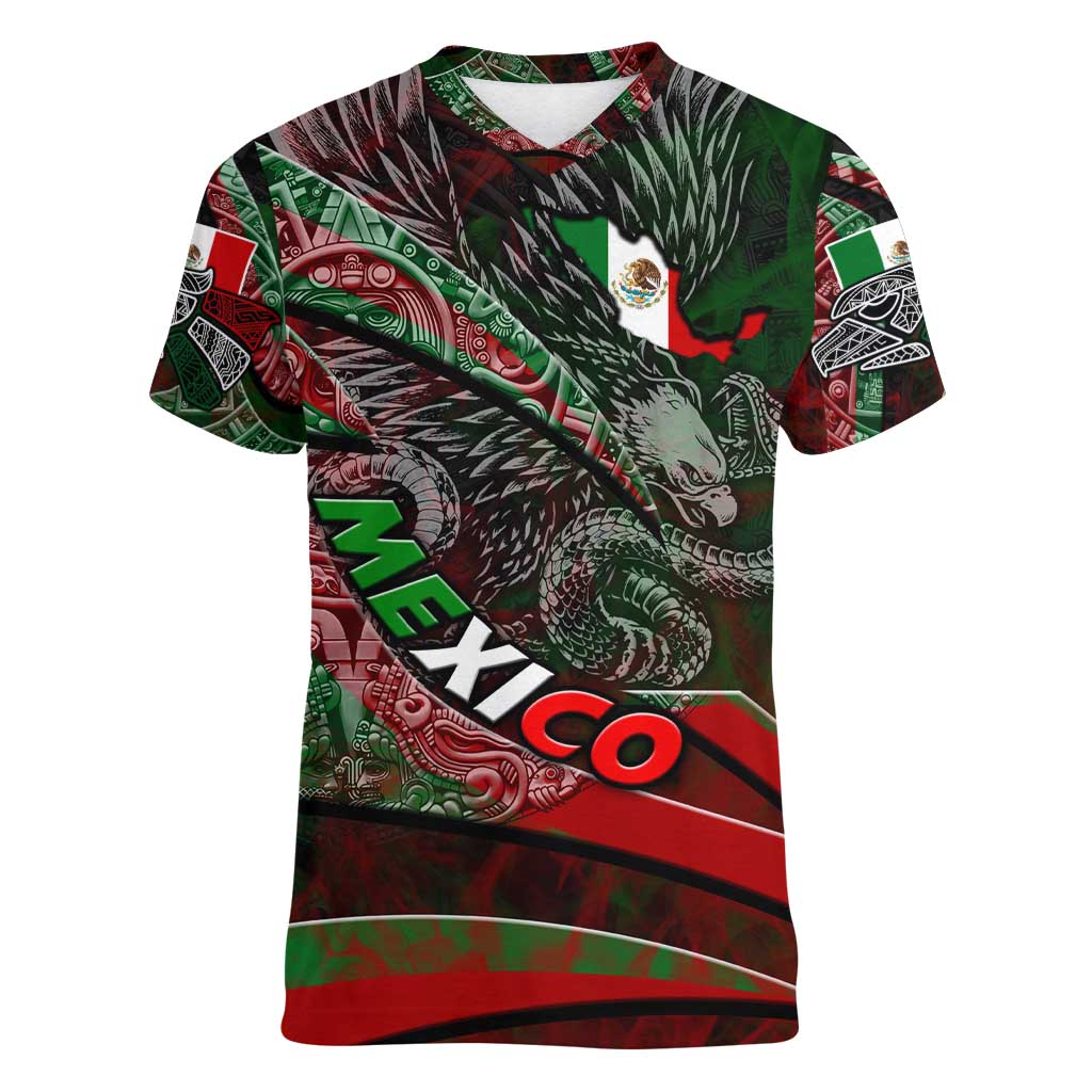 Mexico Aztec Eagle Flag Women V-Neck T-Shirt Tribal Warrior Art