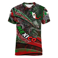 Mexico Aztec Eagle Flag Women V-Neck T-Shirt Tribal Warrior Art