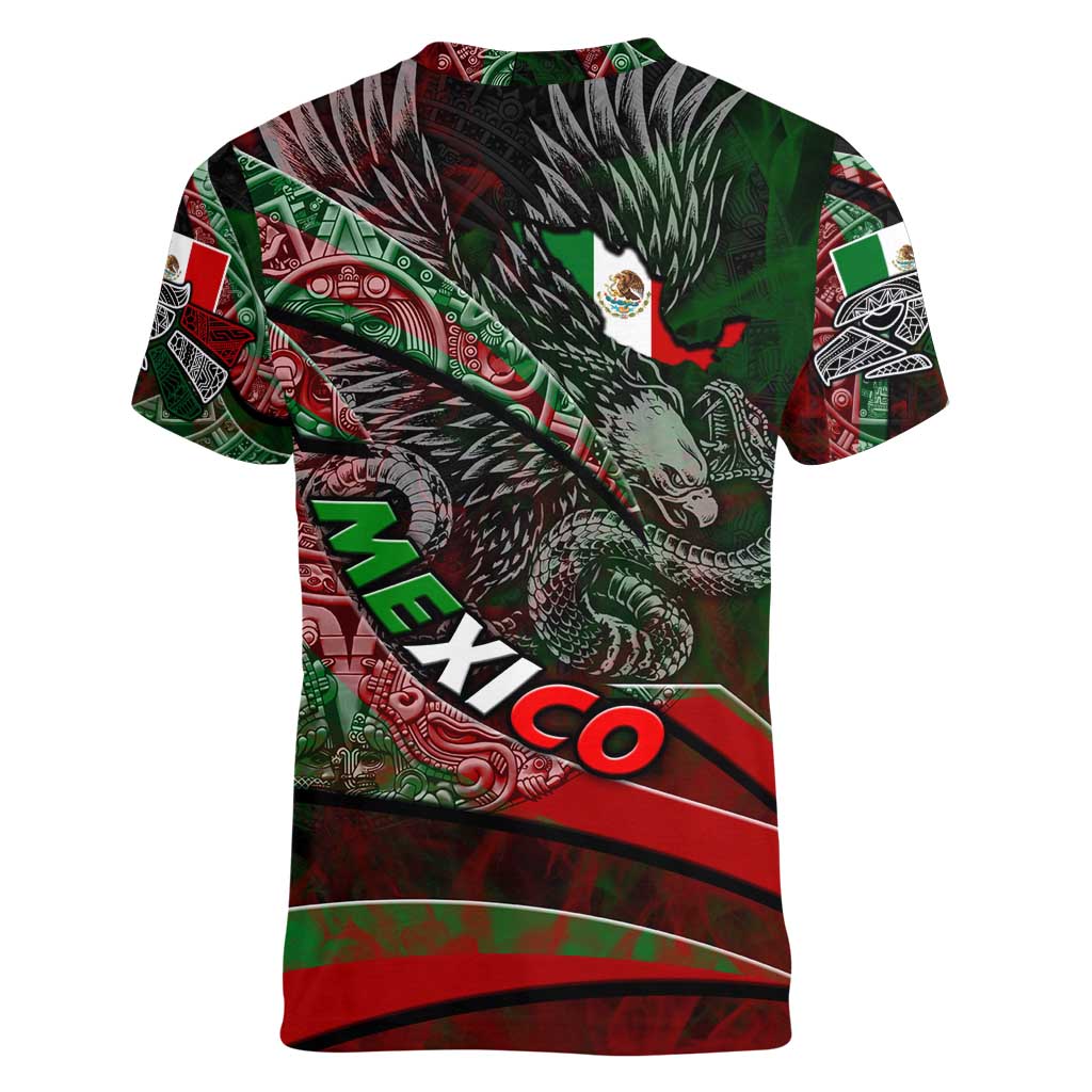 Mexico Aztec Eagle Flag Women V-Neck T-Shirt Tribal Warrior Art