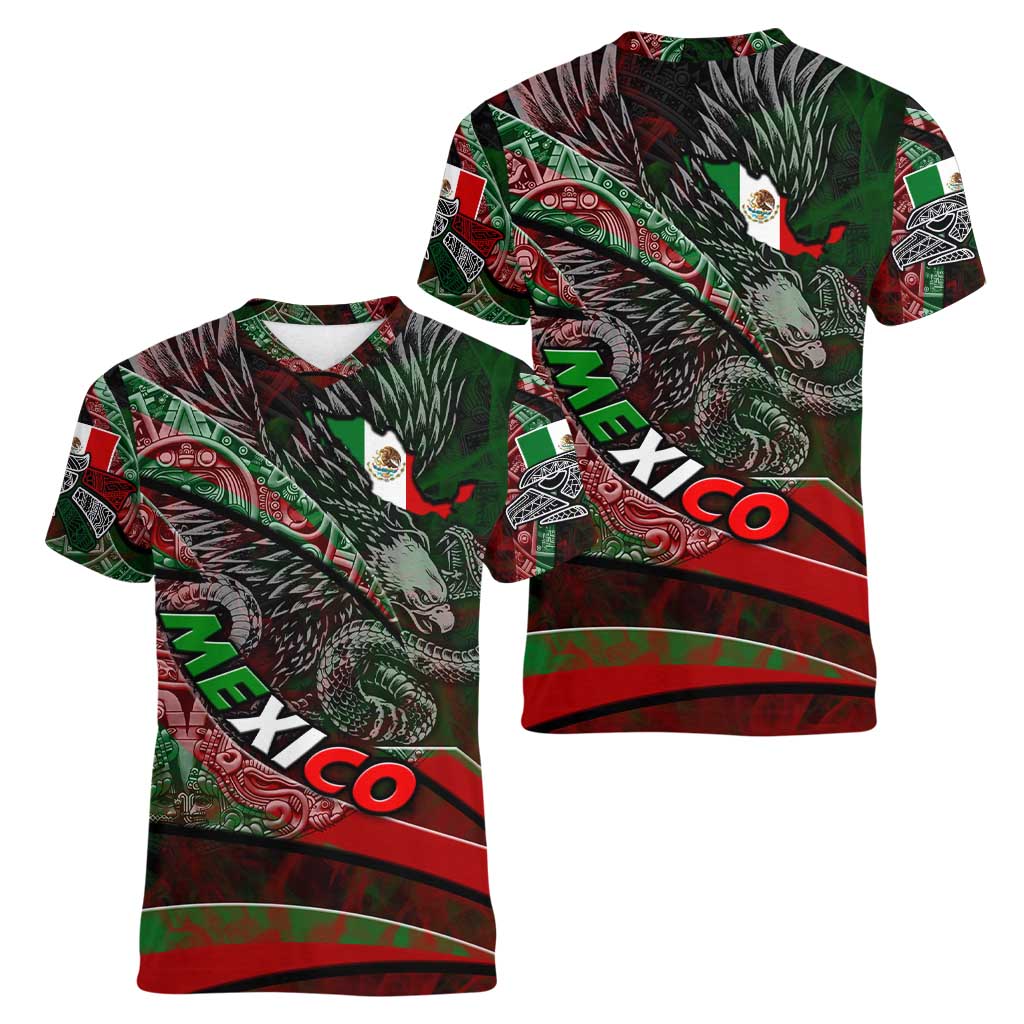 Mexico Aztec Eagle Flag Women V-Neck T-Shirt Tribal Warrior Art