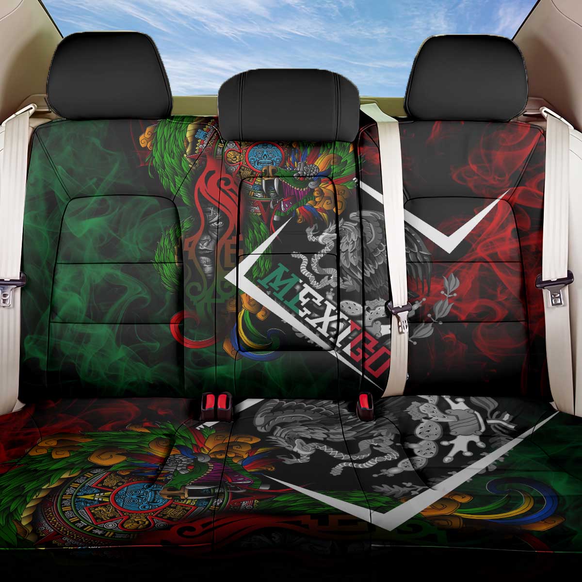 Mexico Quetzalcoatl Aztec Calendar Back Car Seat Cover Tribal Warrior Art with Eagle and Serpent
