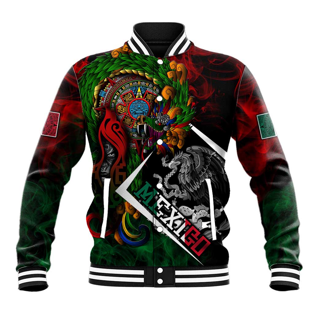 Mexico Quetzalcoatl Aztec Calendar Baseball Jacket Tribal Warrior Art with Eagle and Serpent