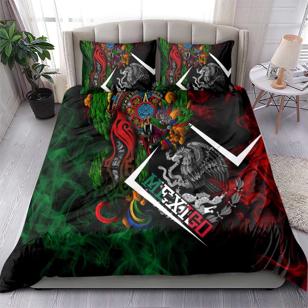 Mexico Quetzalcoatl Aztec Calendar Bedding Set Tribal Warrior Art with Eagle and Serpent