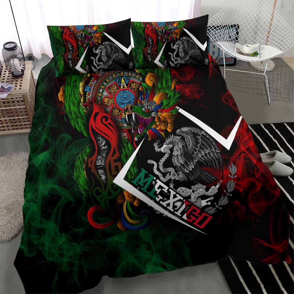 Mexico Quetzalcoatl Aztec Calendar Bedding Set Tribal Warrior Art with Eagle and Serpent