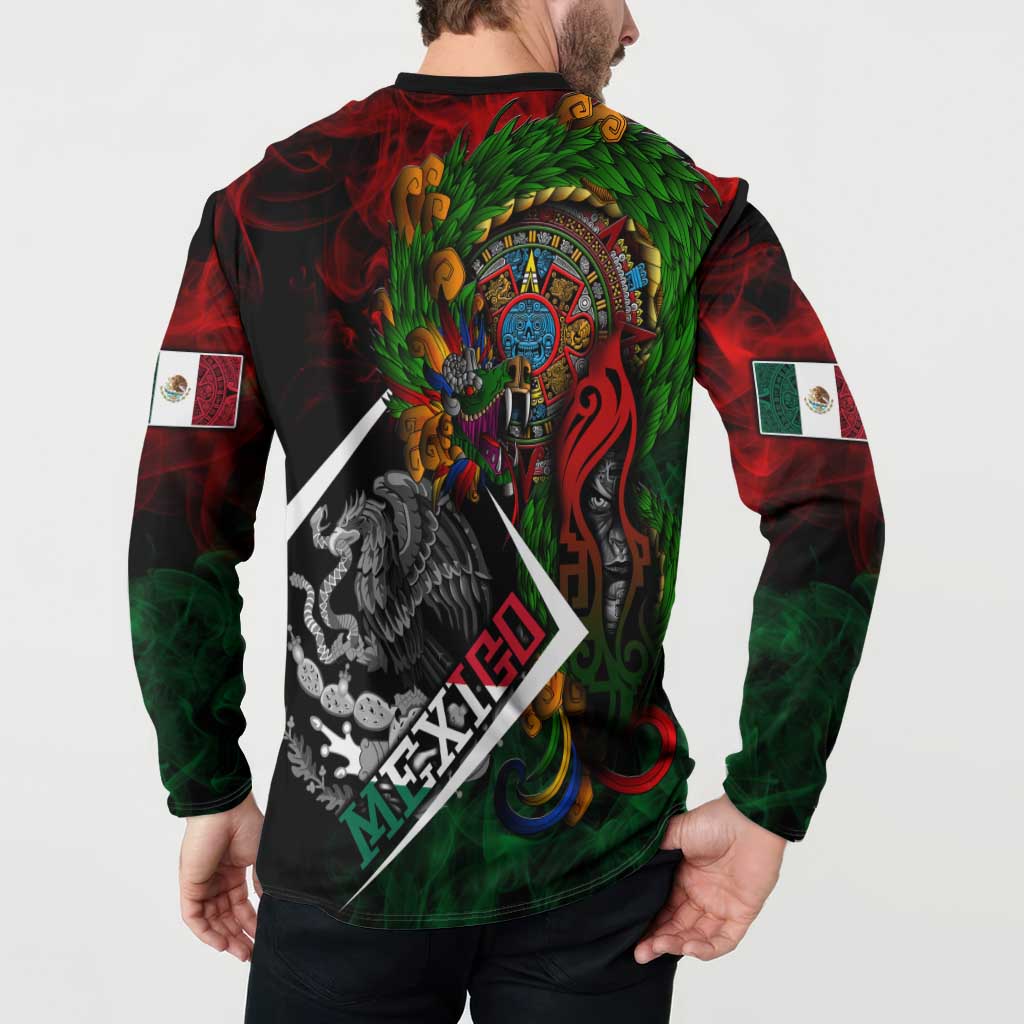 Mexico Quetzalcoatl Aztec Calendar Button Sweatshirt Tribal Warrior Art with Eagle and Serpent