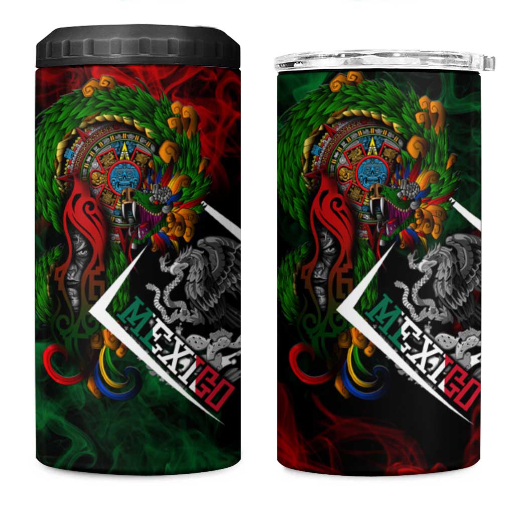 Mexico Quetzalcoatl Aztec Calendar 4 in 1 Can Cooler Tumbler Tribal Warrior Art with Eagle and Serpent