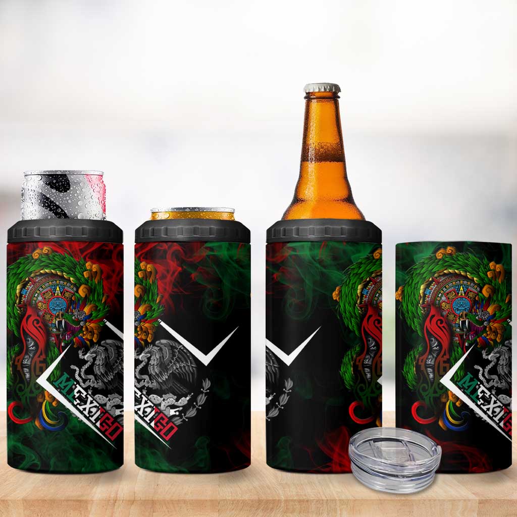 Mexico Quetzalcoatl Aztec Calendar 4 in 1 Can Cooler Tumbler Tribal Warrior Art with Eagle and Serpent