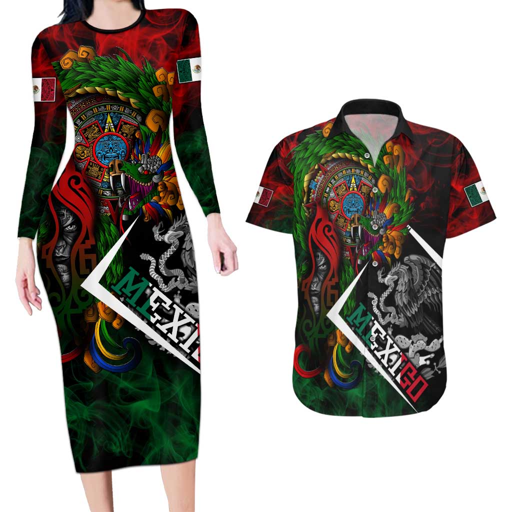 Mexico Quetzalcoatl Aztec Calendar Couples Matching Long Sleeve Bodycon Dress and Hawaiian Shirt Tribal Warrior Art with Eagle and Serpent