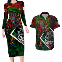 Mexico Quetzalcoatl Aztec Calendar Couples Matching Long Sleeve Bodycon Dress and Hawaiian Shirt Tribal Warrior Art with Eagle and Serpent