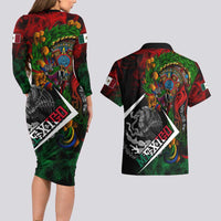 Mexico Quetzalcoatl Aztec Calendar Couples Matching Long Sleeve Bodycon Dress and Hawaiian Shirt Tribal Warrior Art with Eagle and Serpent