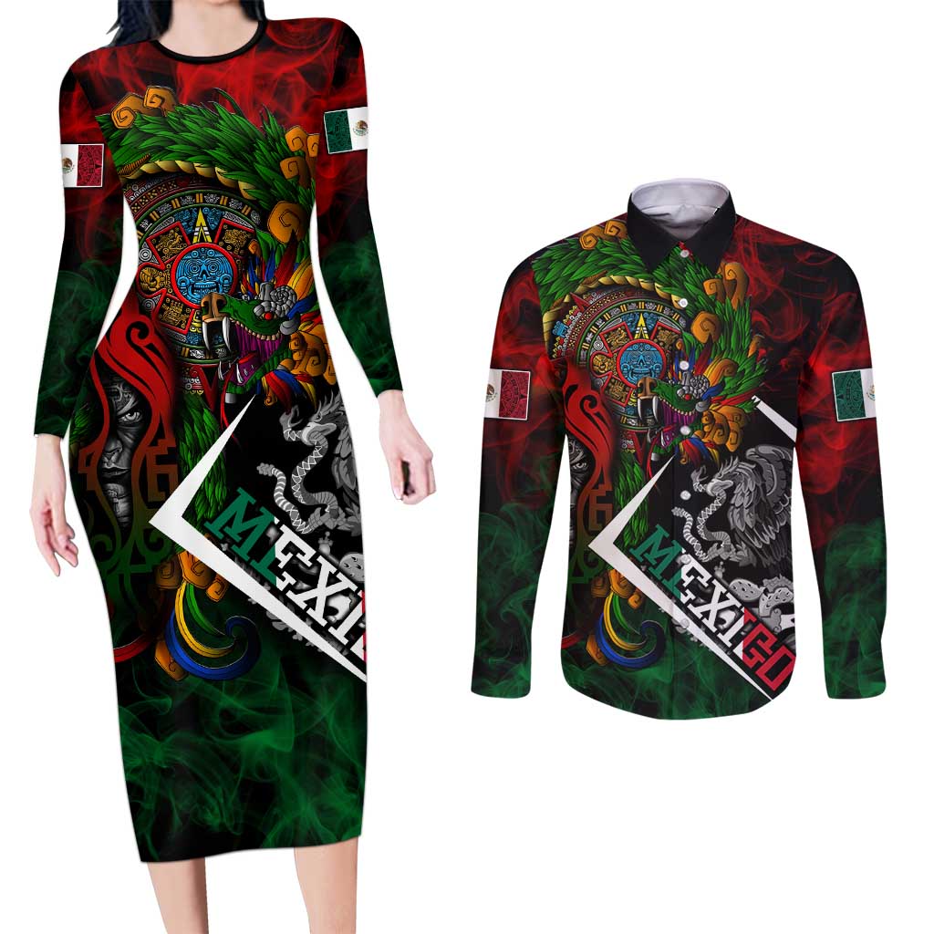 Mexico Quetzalcoatl Aztec Calendar Couples Matching Long Sleeve Bodycon Dress and Long Sleeve Button Shirt Tribal Warrior Art with Eagle and Serpent