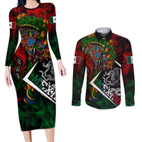 Mexico Quetzalcoatl Aztec Calendar Couples Matching Long Sleeve Bodycon Dress and Long Sleeve Button Shirt Tribal Warrior Art with Eagle and Serpent