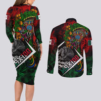 Mexico Quetzalcoatl Aztec Calendar Couples Matching Long Sleeve Bodycon Dress and Long Sleeve Button Shirt Tribal Warrior Art with Eagle and Serpent