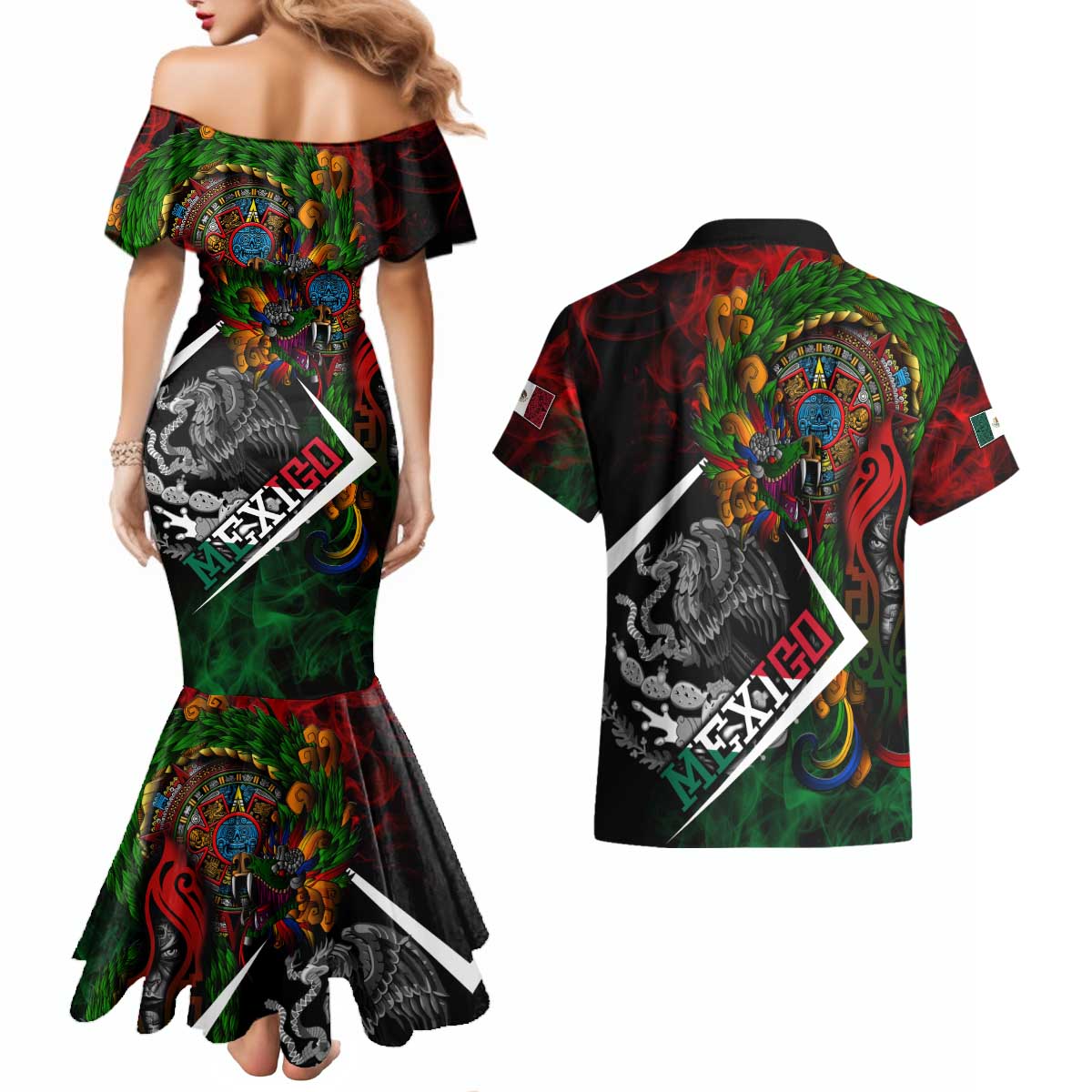 Mexico Quetzalcoatl Aztec Calendar Couples Matching Mermaid Dress and Hawaiian Shirt Tribal Warrior Art with Eagle and Serpent
