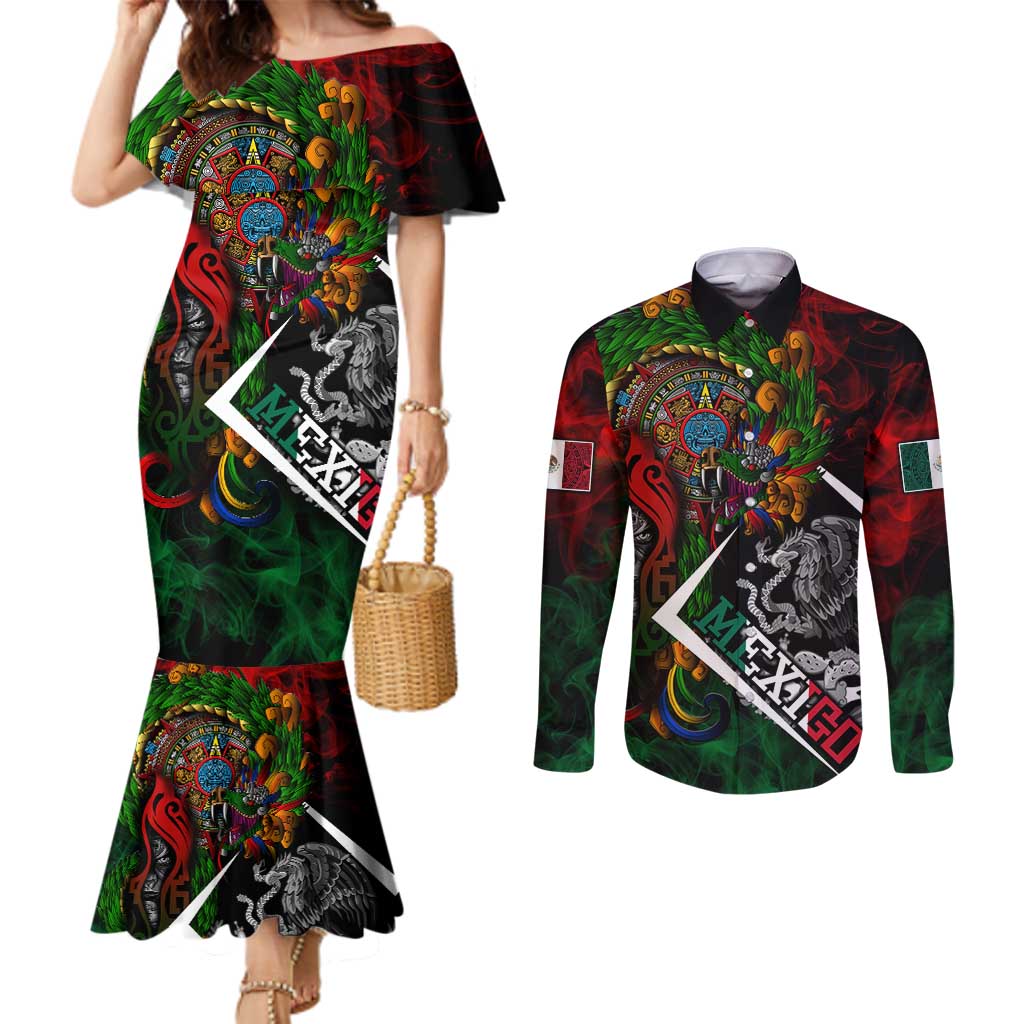 Mexico Quetzalcoatl Aztec Calendar Couples Matching Mermaid Dress and Long Sleeve Button Shirt Tribal Warrior Art with Eagle and Serpent