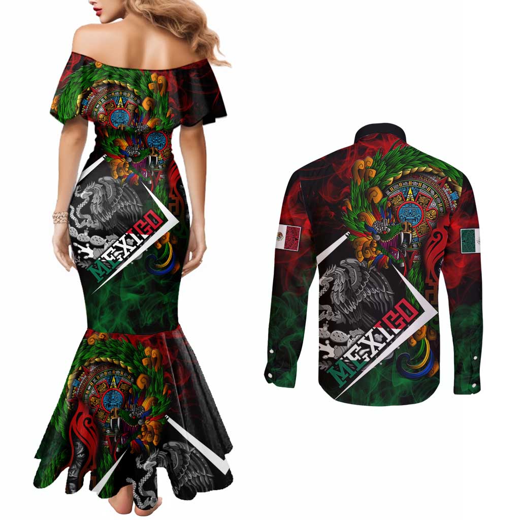 Mexico Quetzalcoatl Aztec Calendar Couples Matching Mermaid Dress and Long Sleeve Button Shirt Tribal Warrior Art with Eagle and Serpent