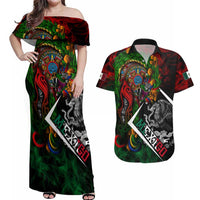 Mexico Quetzalcoatl Aztec Calendar Couples Matching Off Shoulder Maxi Dress and Hawaiian Shirt Tribal Warrior Art with Eagle and Serpent
